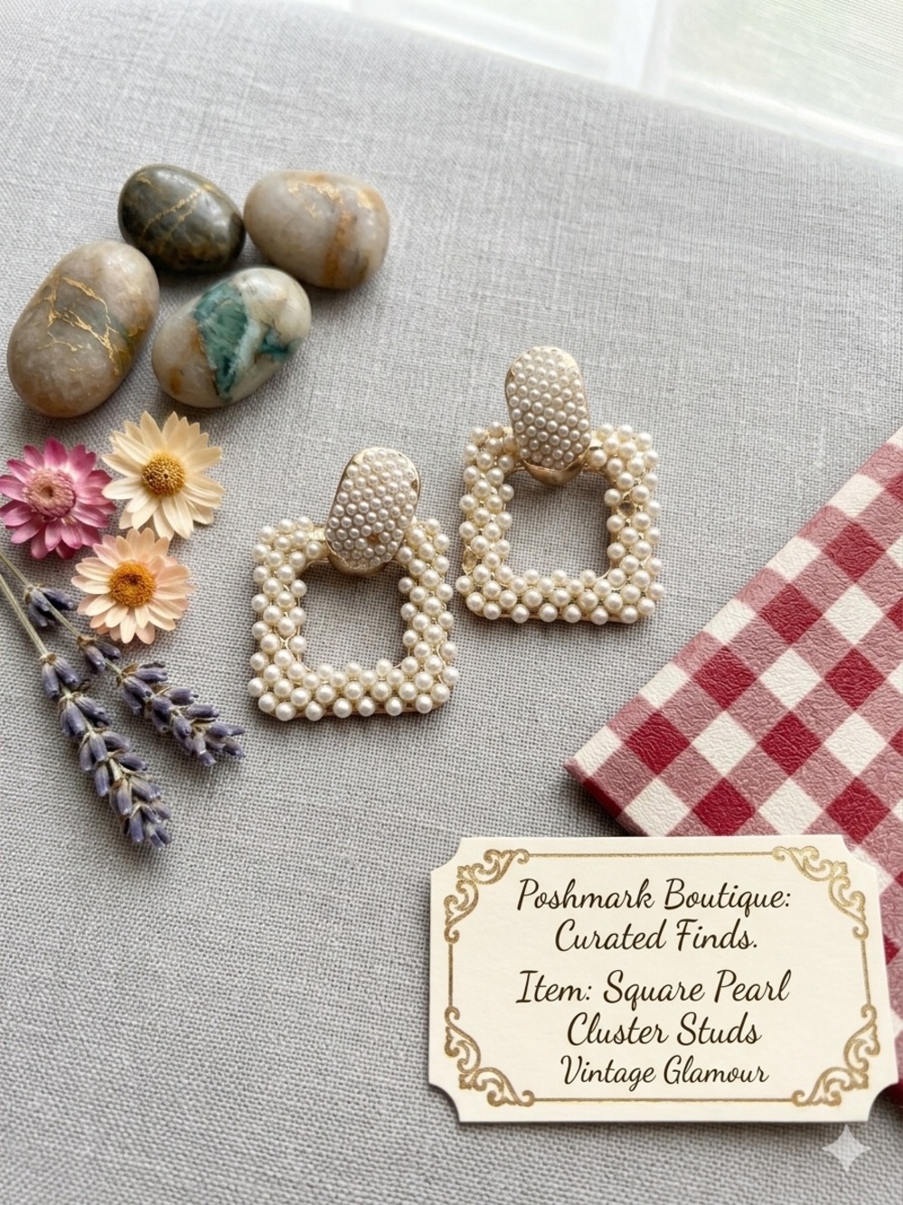 Pearl Cluster Square Drop Stud Earrings - Cream Pearls